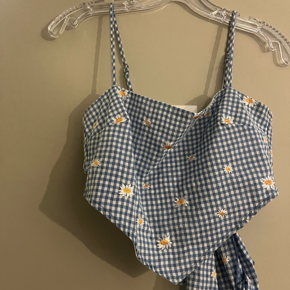 Blue Gingham Floral Crop Top